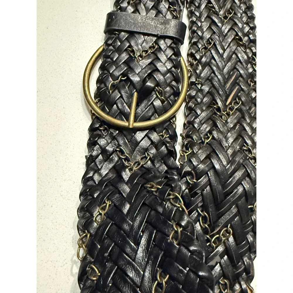 Black Braided Leather Chain Interlaced Wide Belt Antique Brass Circle Buckle